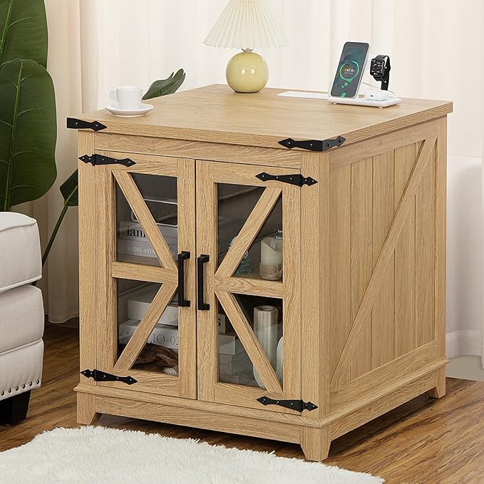 Farmhouse End Table with Charging Station, 24" Large Sofa Side Table