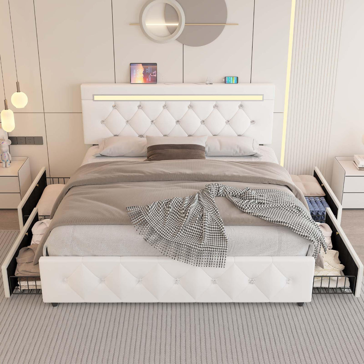 Full Size Bed Frame with 4 Storage Drawers and LED Light