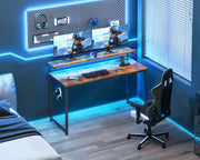 Computer Desk, 48 Inch Gaming Desk with LED Lights and Power Outlet, Office Desk with Adjustable Monitor Shelf (3 Heights), Computer Table Work Desk for Home/Bedroom, Rustic Brown