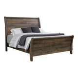 BM302809 Que Wood Queen Size Bed with Curved Plank Sleigh Design Rustic Brown