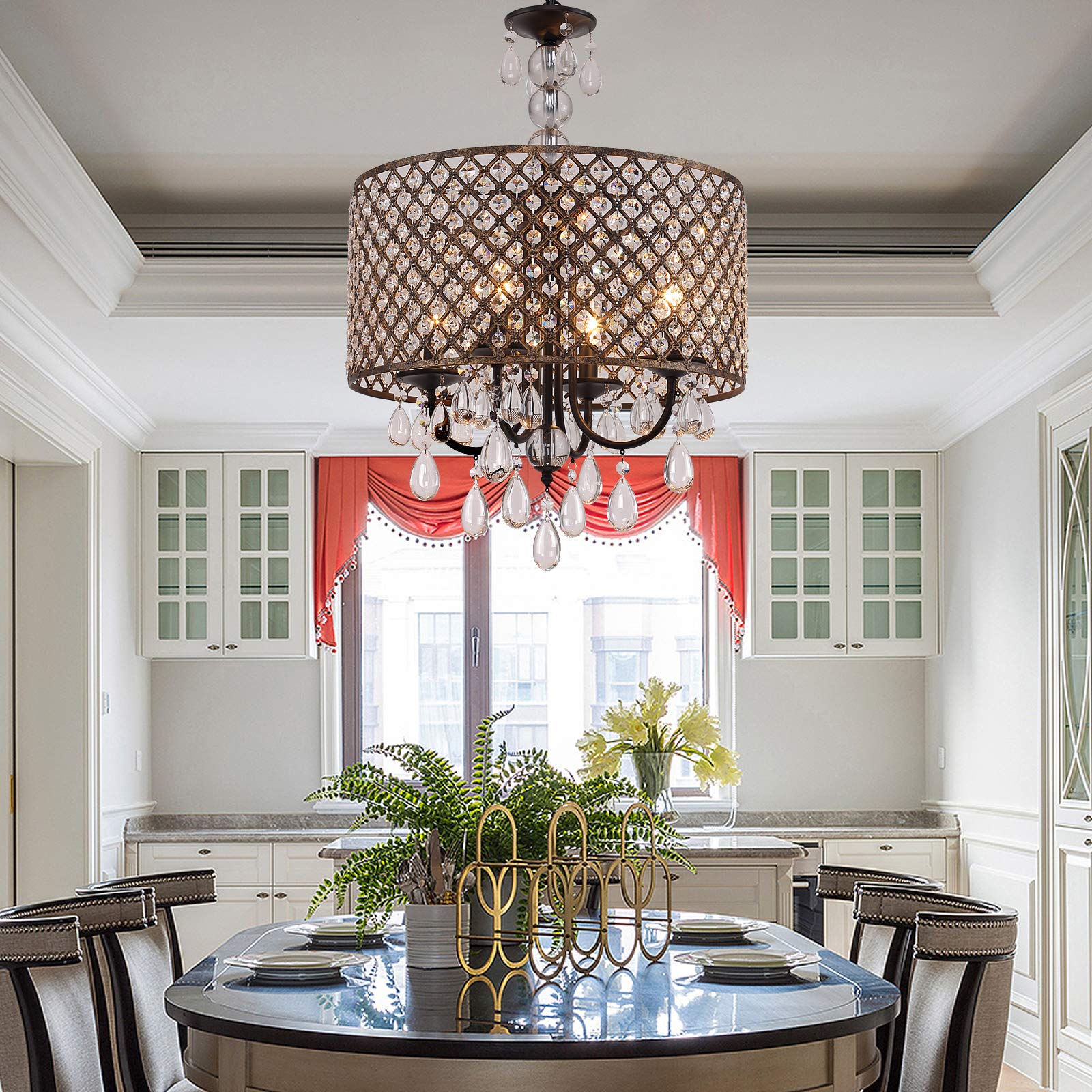 Modern Round Crystal Chandelier,Antique Beaded Drum Shade Copper Bronze 4 Lights