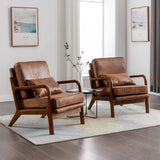 Modern Accent Chair Set of 2 Living Room- Comfy Solid Wood Arm Chair with Lumber Pillow Lounge Decorative Brown Leather Office Side Chair Bedroom Reading Nook Sillas De Sala Microfiber