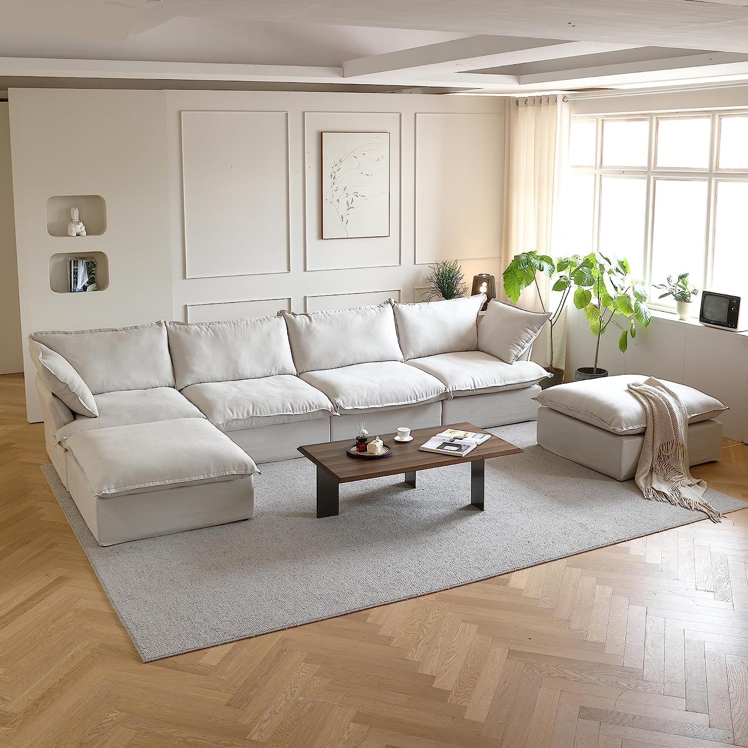JACH U Shape Couch Sectional for Living Room, Convertible Sectional Sofa, Modern Deep Seat Cloud Couch, Modular Sectional Couch with Ottomans for Living Room, Office, Apartment (6-Seat, Beige)
