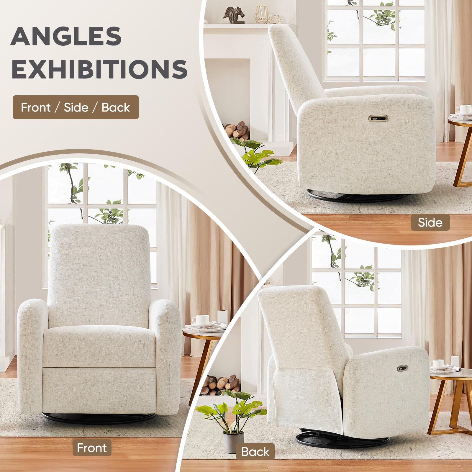 Power Recliner Chair, Swivel Rocker Recliner w/USB & Type-C Charging Ports