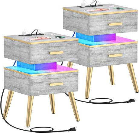 Nightstands set of 2 with Charging - White Night Stand with Charger Station & LED