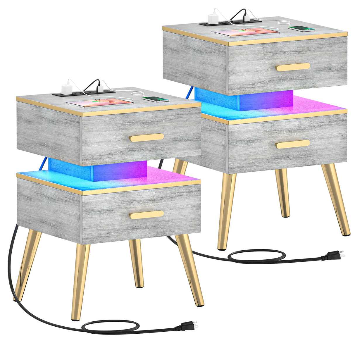 Nightstands Set of 2 with Charging - Modern Night Stand with Charger Station & LED