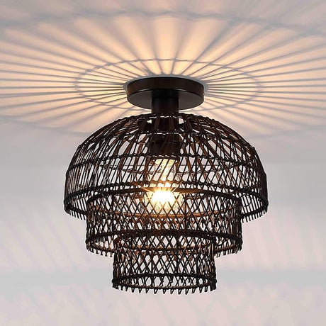 12'' Rattan Ceiling Light Fixtures Boho Chandelier Rattan Semi Flush Mount Ceiling Light