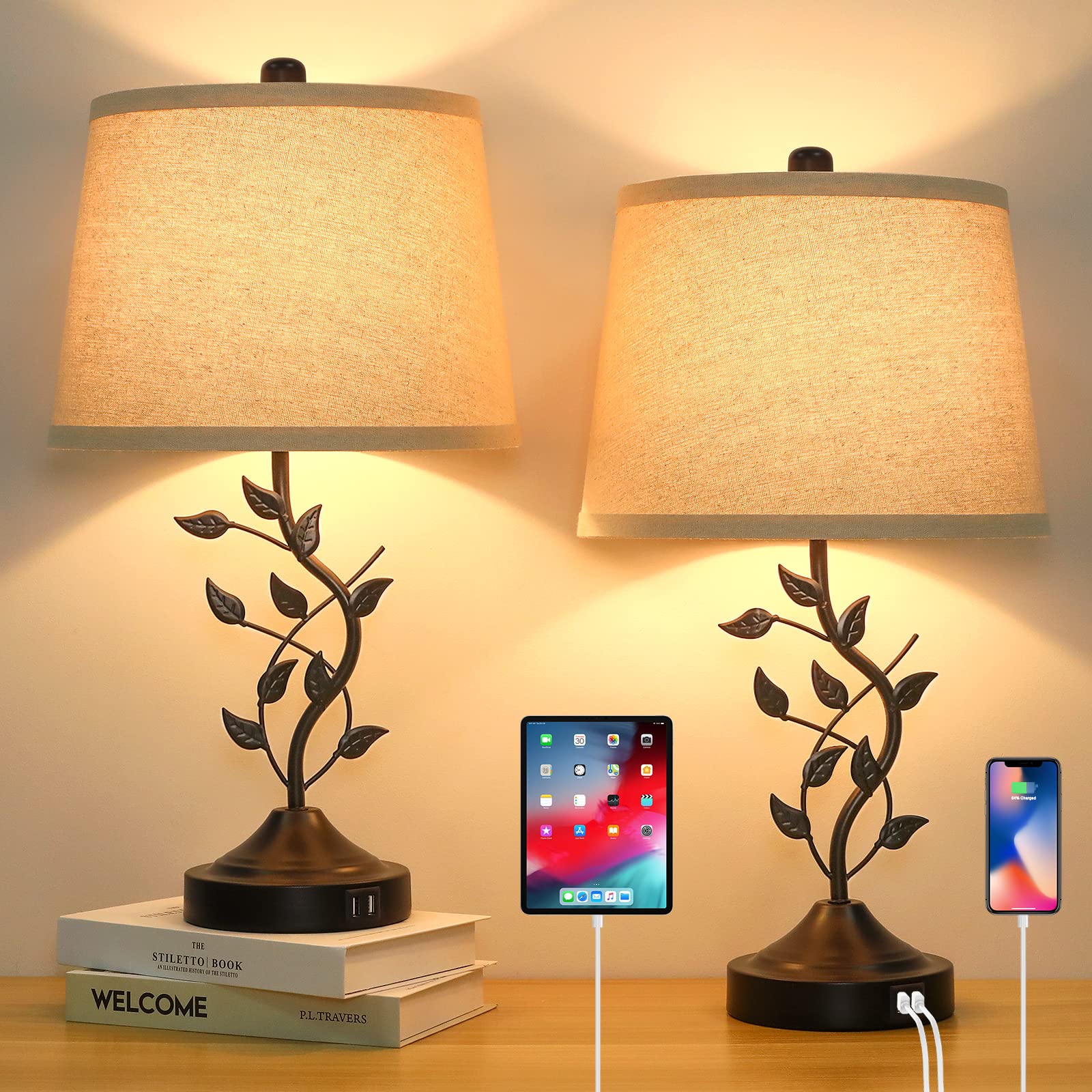Dimmable Touch Table Lamps Set of 2 with USB Charging Ports