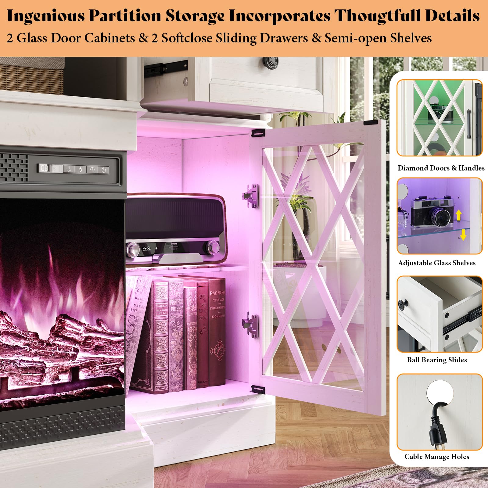 70" Farmhouse Fireplace TV Stand with LED Lights