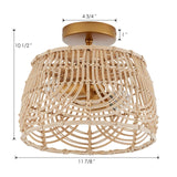 Woven Rattan Bamboo Brass Flush Mount Ceiling Light， Wicker Light Fixture for Entryway