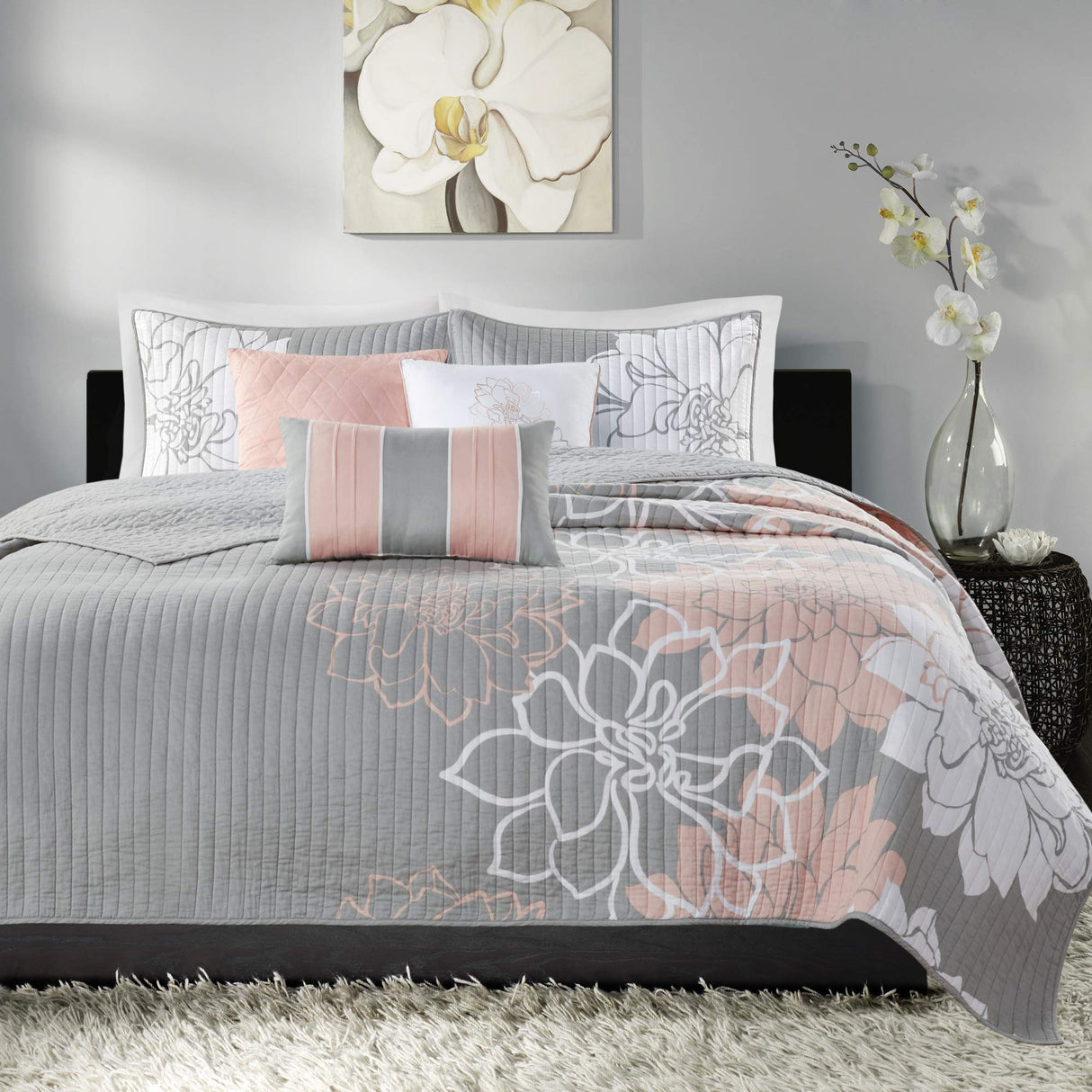 Lola 100% Cotton Quilt Set-Casual Floral Channel Stitching Design All Season