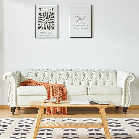 Modern Tufted Couch 3 Seater with Rolled Arms and Nailhead