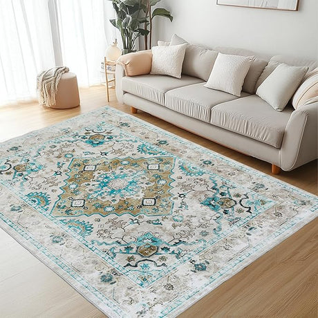 Washable Area Rug 5'x7' Organe Abstract Retro Boho Neutral Large Oriental Non-Slip&Stain Resistant