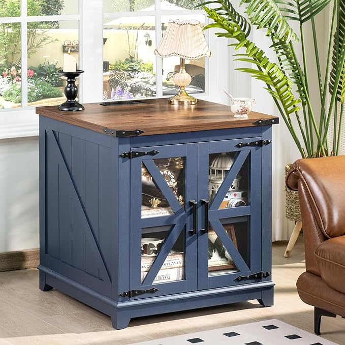 Farmhouse End Table with Charging Station, 24" Large Sofa Side Table