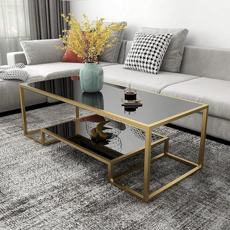 Metal Glass Coffee Table, Black Accent Modern Tempered Glass Side Table