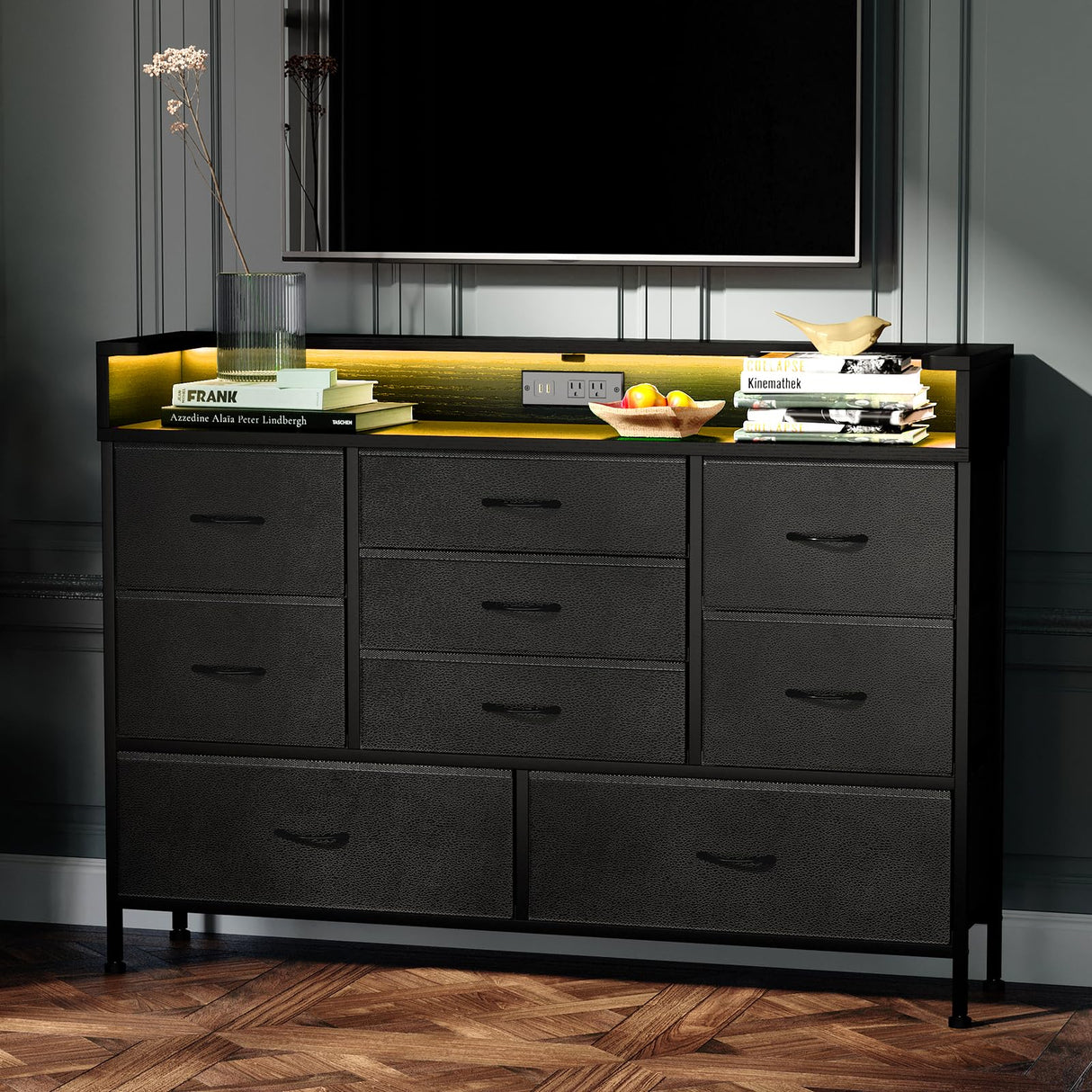 Black LED Dresser for Bedroom, Dresser with 9 Drawers and Charging Station