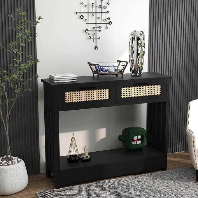 Rattan Console Table, 2-Tier Entryway Table with Drawers and Storage 68lbs