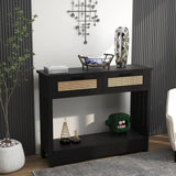 Rattan Console Table, 2-Tier Entryway Table with Drawers and Storage 68lbs
