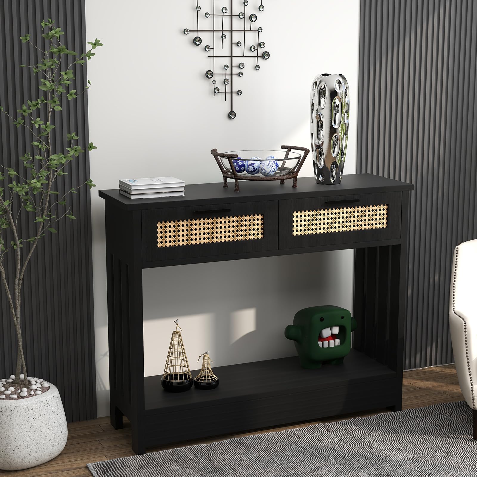 Rattan Console Table, 2-Tier Entryway Table with Drawers and Storage 68lbs