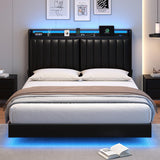 Full Size Floating Bed Frame with Ergonomic Hidden Storage Headboard and LED Lights, Visual Floating LED Bed Frame with Charing Station, Leather Upholstered Platform Bed,Low Profile Bed Frame, Black