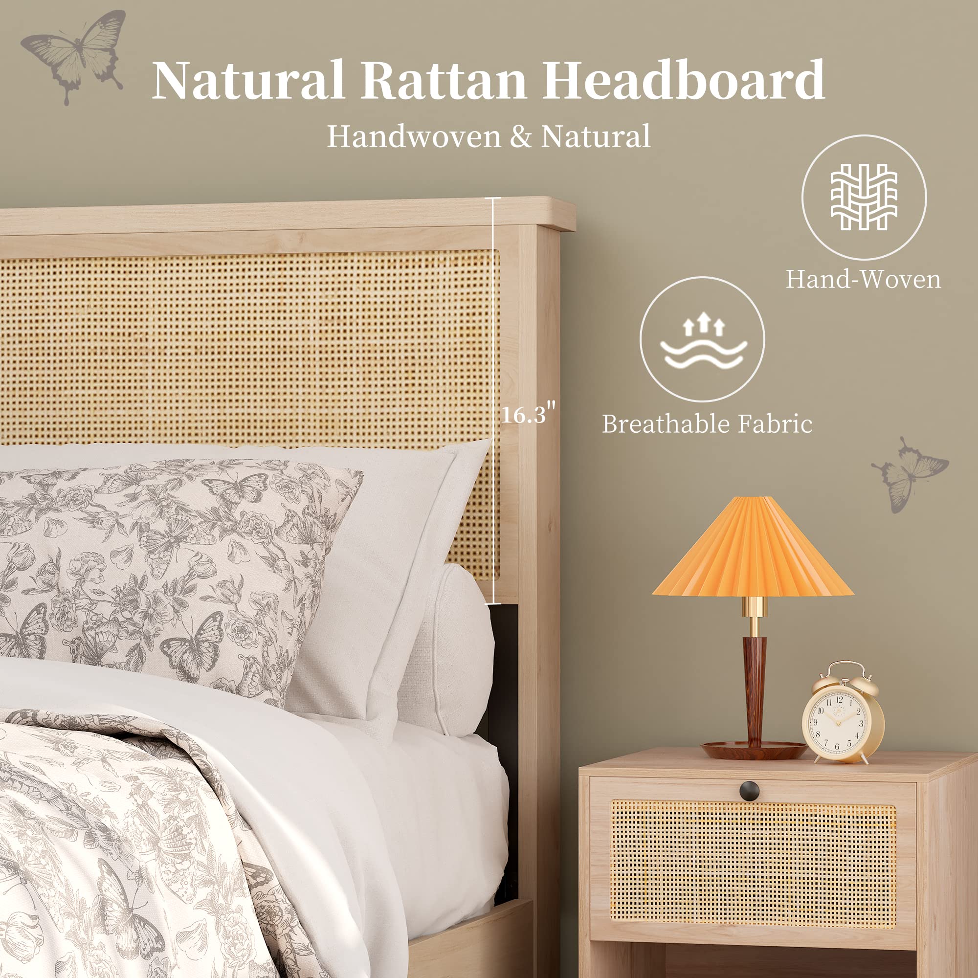 Yechen Queen Bed Frame – Natural Rattan Headboard, Metal Frame + 4 Storage Drawers