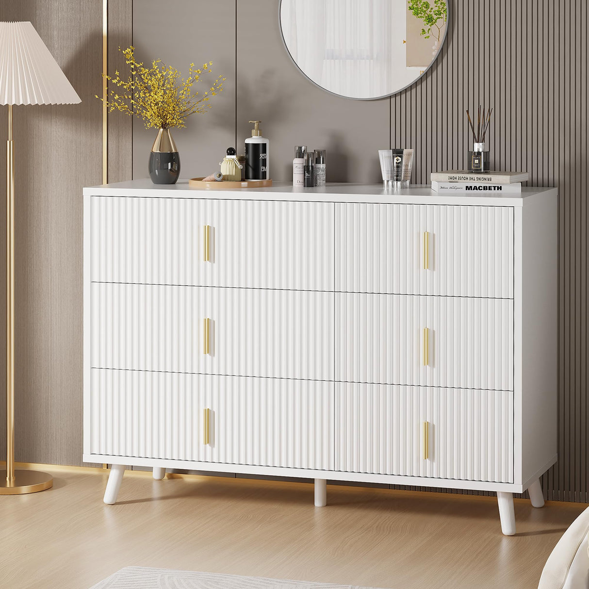 BEWISHOME White Dresser for Bedroom, 6 Drawer Dresser Chests of Drawers with Waveform Fluted Panel, White and Gold Dresser, Modern Wide Dresser Wood dresser for Closet, TV Stand, Hallway, White KCG03W