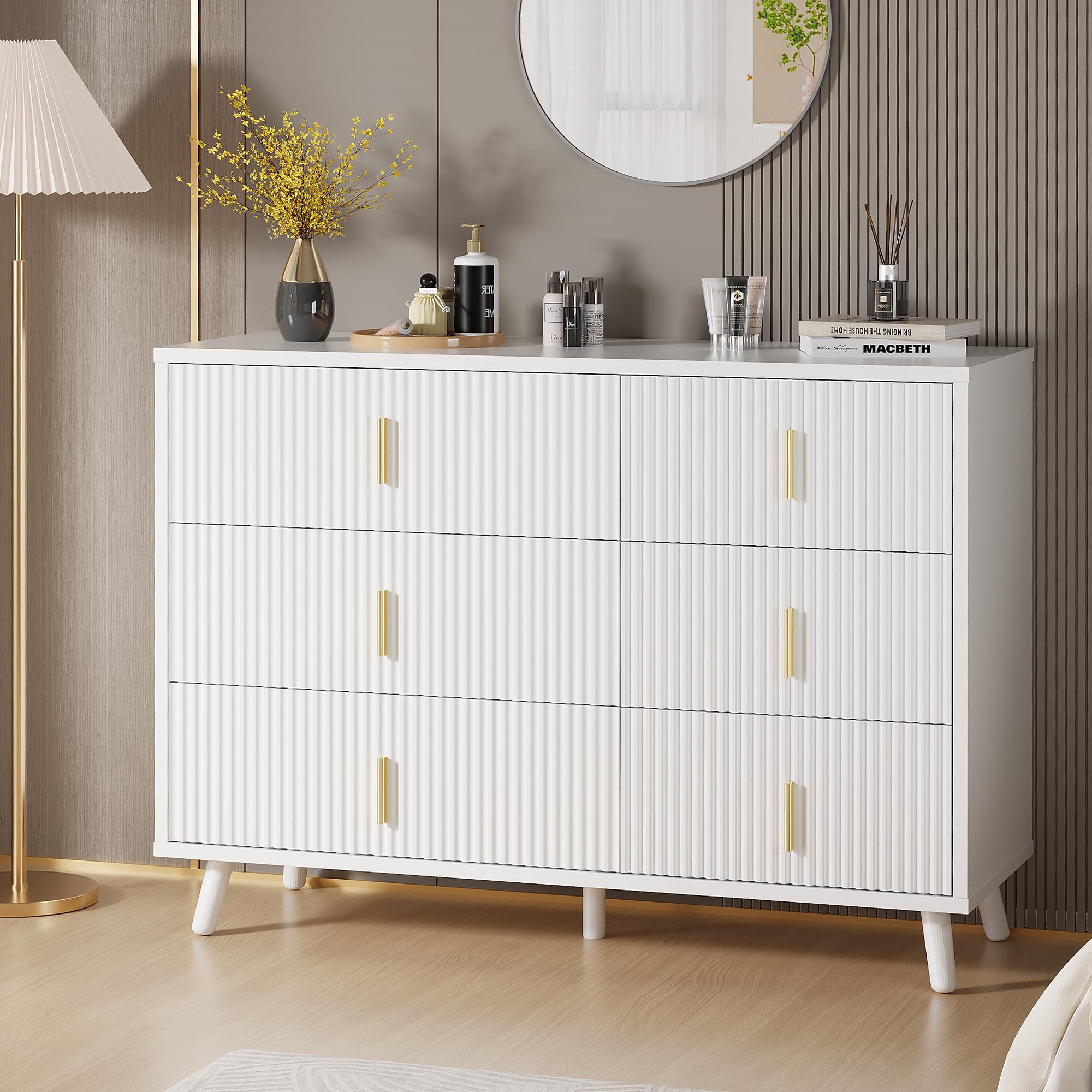 White Dresser for Bedroom, 6 Drawer Dresser Chests of Drawers with Waveform Fluted Panel