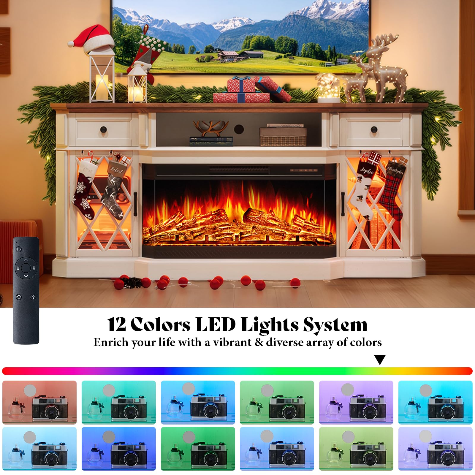 70" Farmhouse Fireplace TV Stand with LED Lights