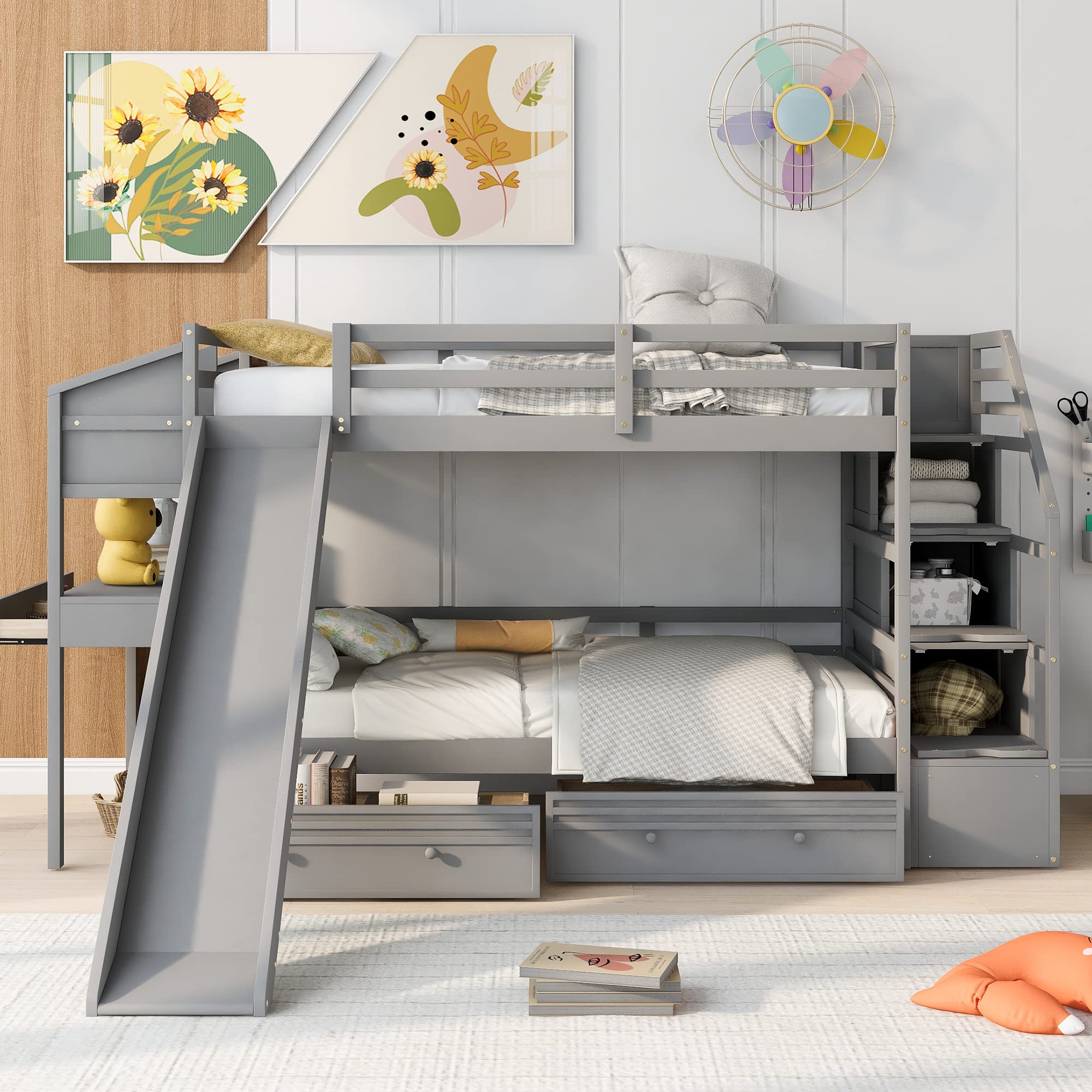 Wooden Bunk Bed with Desk, Twin Over Twin Bed Frame