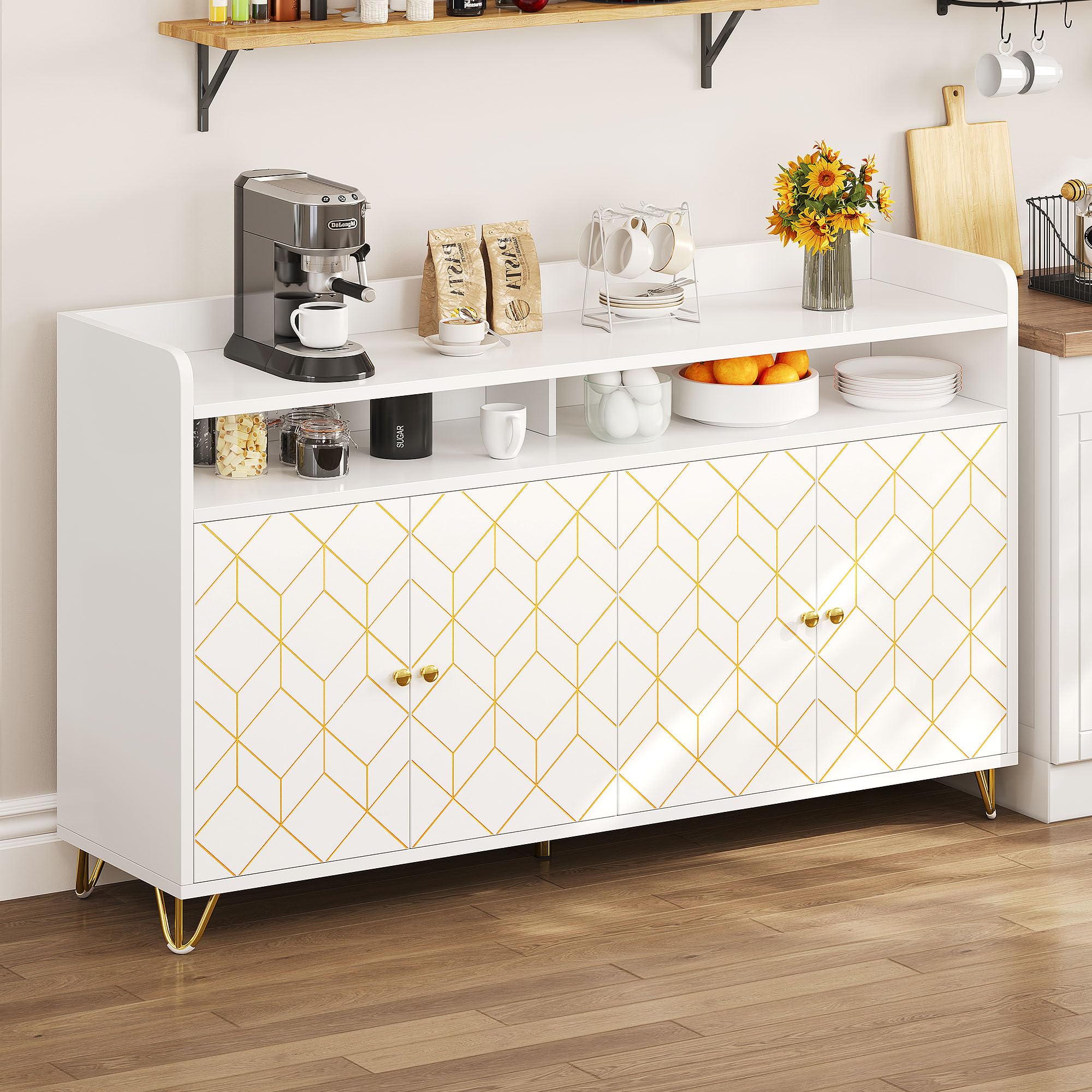59" Buffet Cabinet w/Storage, Modern Sideboard Storage Cabinet w/Gold Trim, Coffee Bar