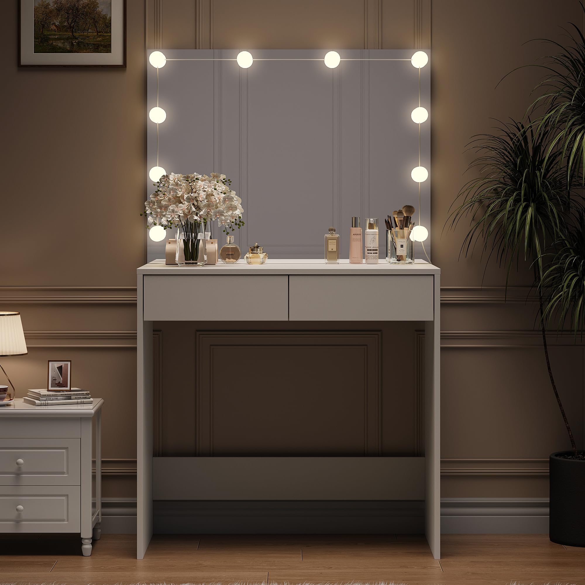 Vanity Desk with Large Mirror and Lights, 35.1 Inch Makeup Vanity Table with 3 Lighting Color Adjustable