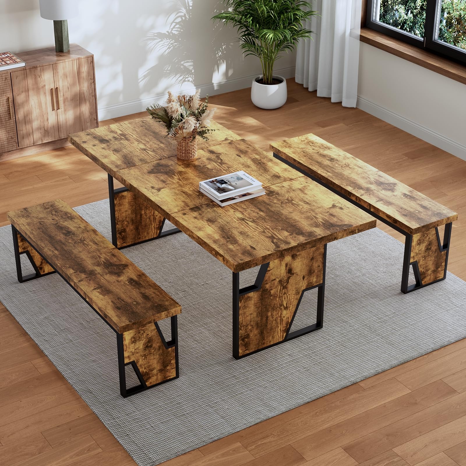 70.8" Wooden Dining Table Set with 2 Benches