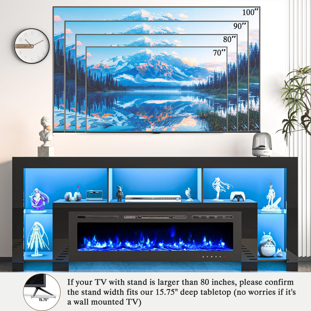 94.5" Fireplace TV Stand with LED Lighting & Charging Station