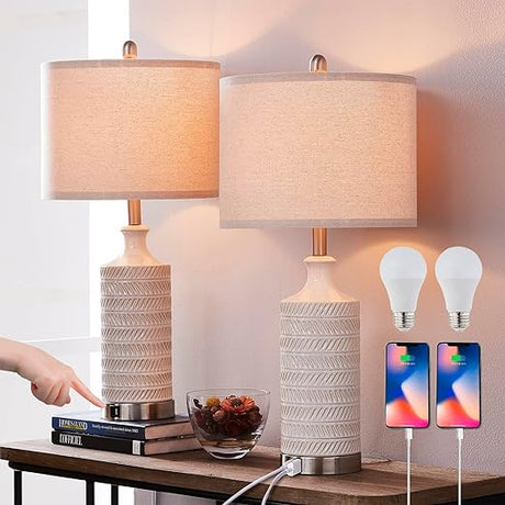 Bedside Lamps Set 2, 3 Way Full Dimming lamp with USB Ports