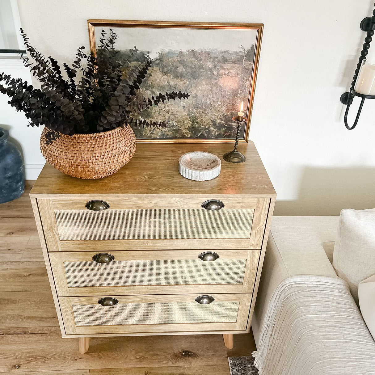 Rattan Nightstand Boho Cabinet Small Dresser