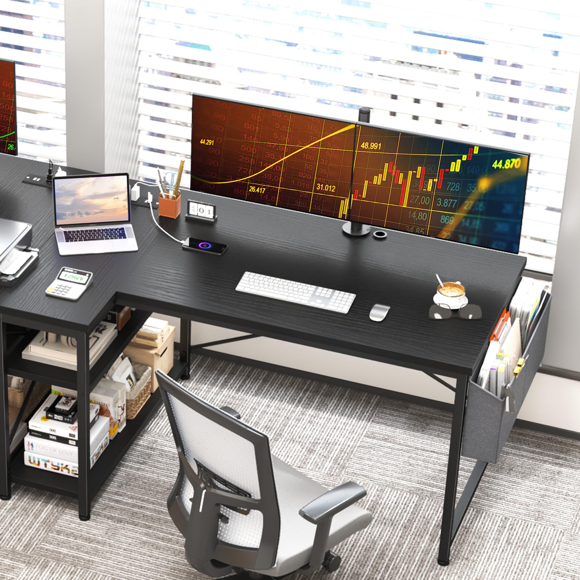 47" Computer Desk with Power Outlets,L Shaped Desk with Storage Shelves