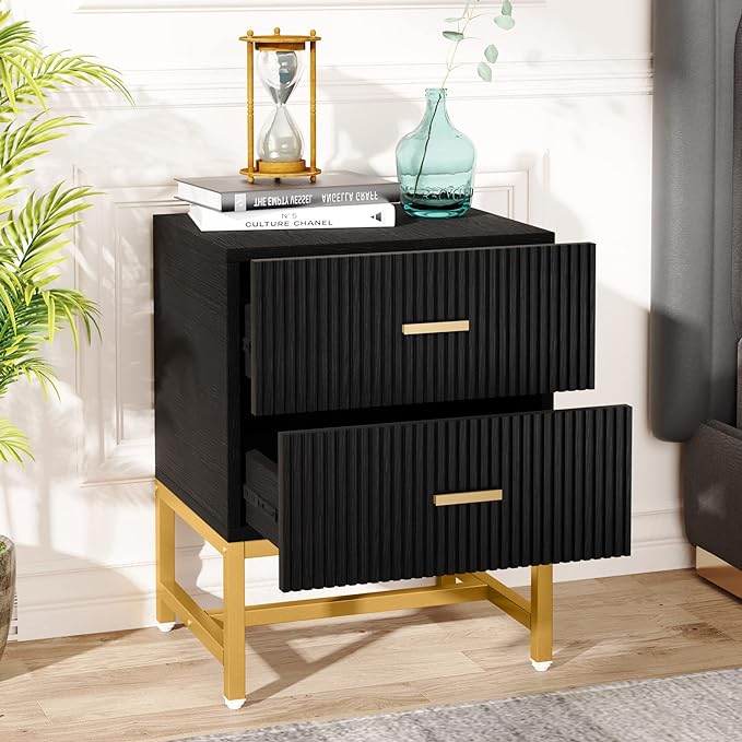 2-Drawer Nightstand, Modern Fluted Night Stands Bed Side Table with Storage, Wood