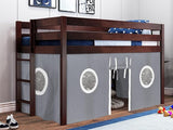 Contemporary Low Loft Twin Bed with a 3 Drawer Stairway, Gray with Gray & White Tent