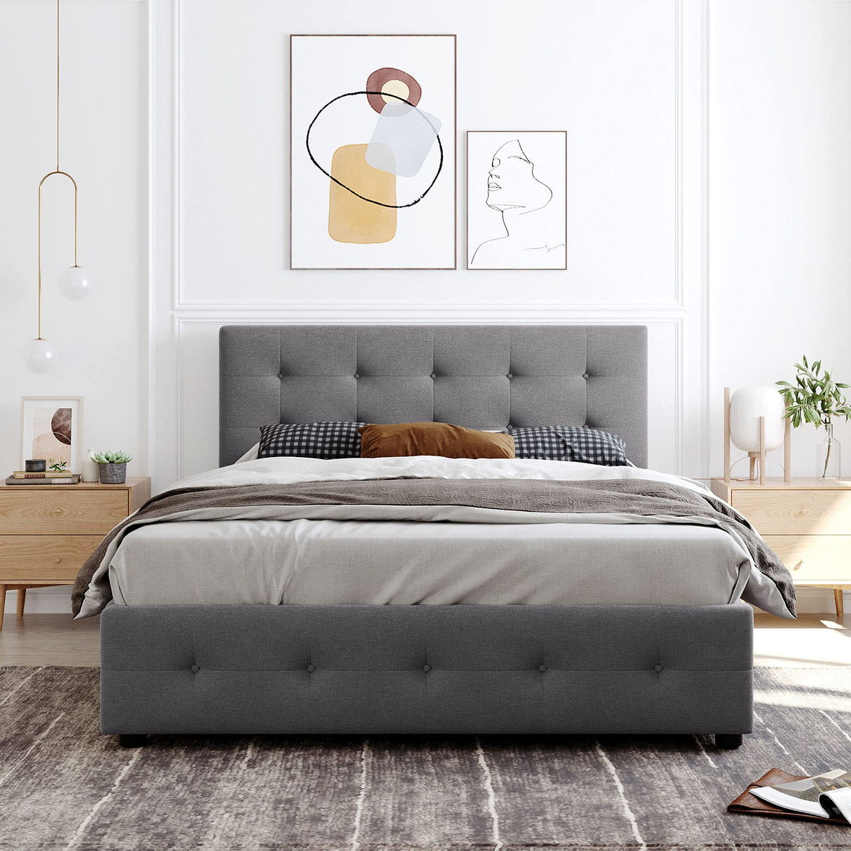 Queen Upholstered Platform Bed Frame with Classic Headboard and 4 Drawers, No Box