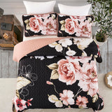 Black Floral Quilt Set Queen Size, 3 Pieces Pink Botanical Flower Printed