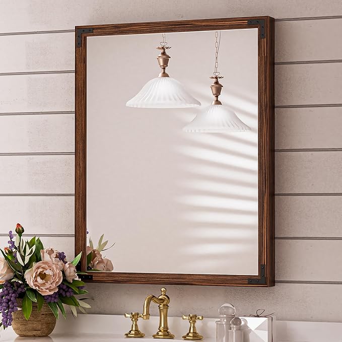 40 x 30 Inches Wood Frame Mirror for Wall, Dark Brown Walnut Wood Farmhouse Bathroom