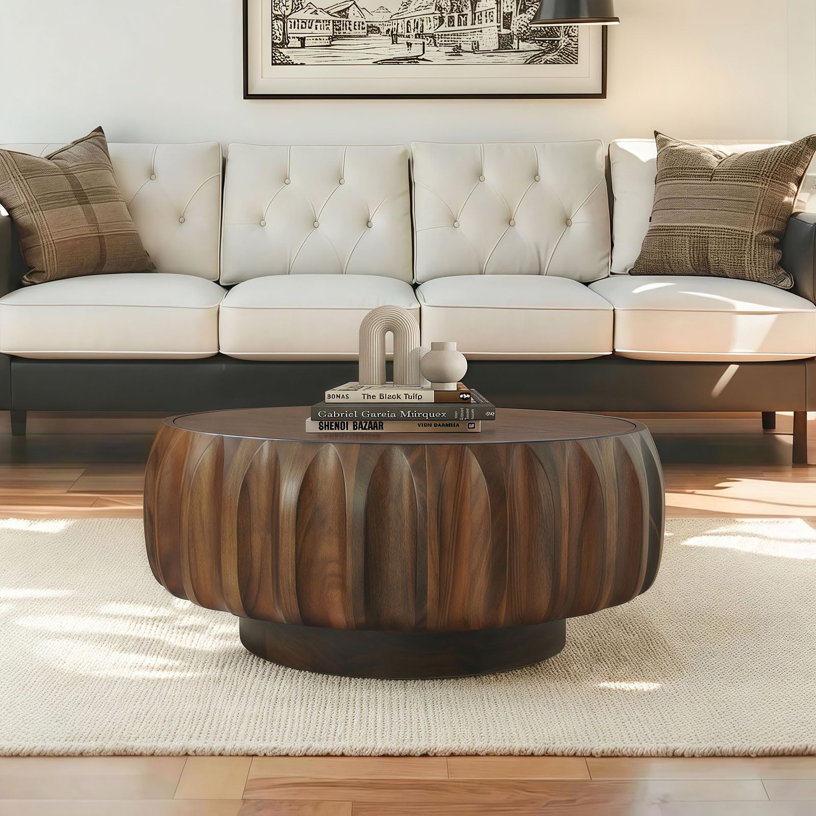 31.5'' Walnut Round Coffee Table, Drum Coffee Table Contemporary Wood Round