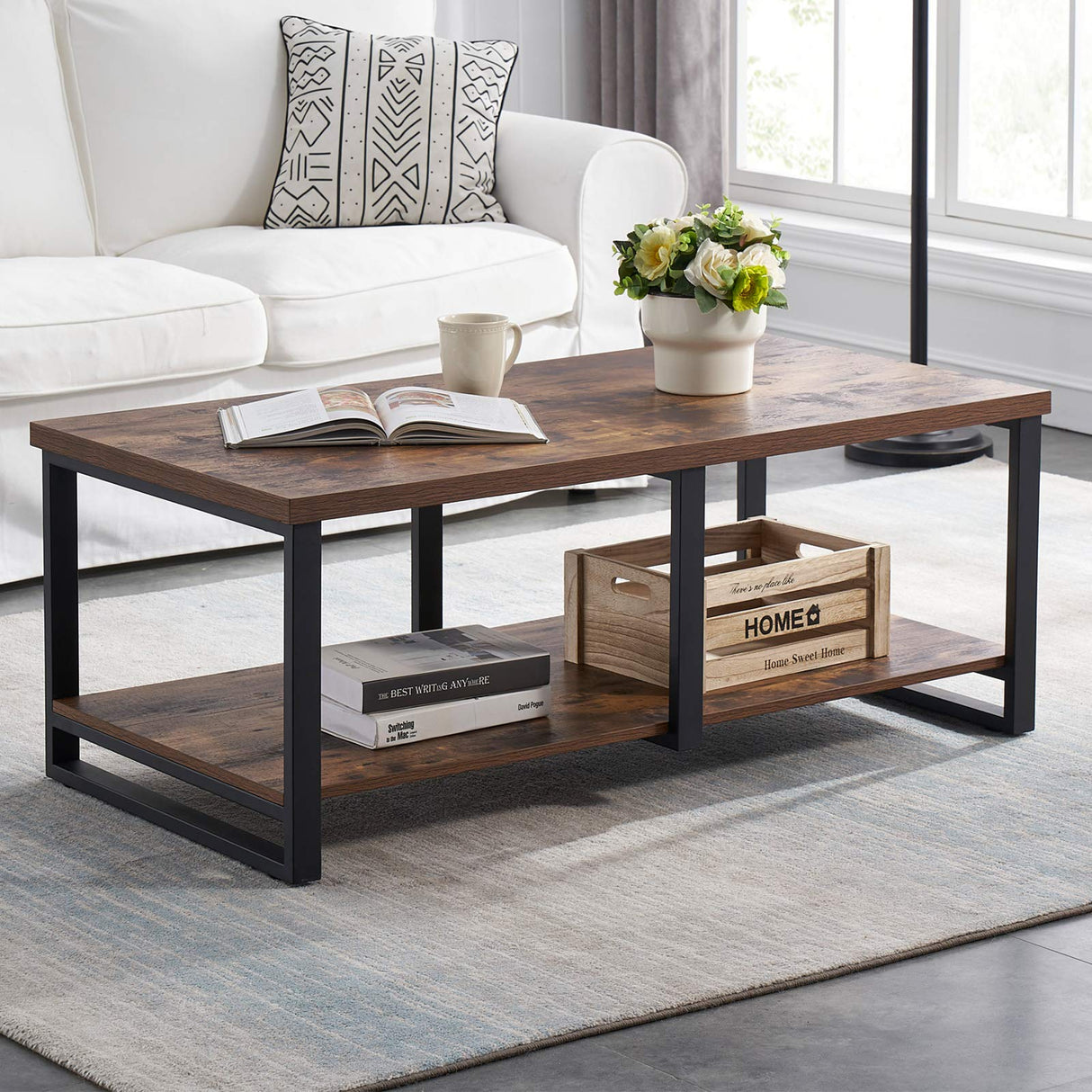 Industrial Coffee Table for Living Room, Sturdy Wood and Metal Cocktail Table