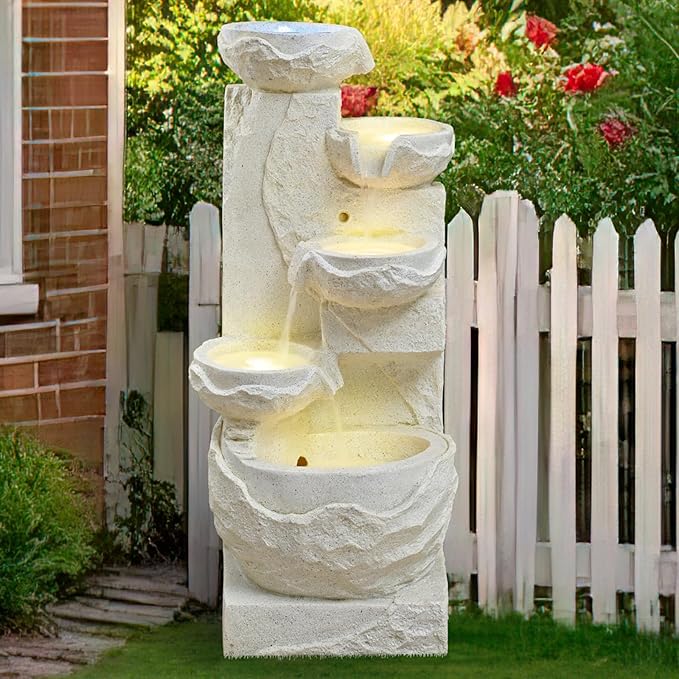 42.52" Outdoor Garden Water Fountain with Lights 4 Tiers Cascading Large Waterfall