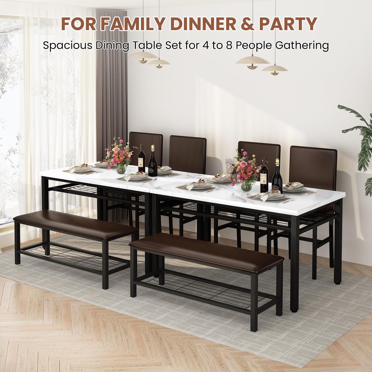 Dining Table Set for 4 with Bench and Chairs,Faux Mable Small Kitchen Table