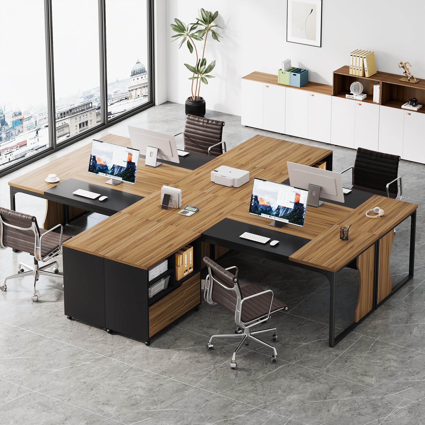 L-Shaped Executive Computer Desk with Mobile File Cabinet, 63 inch Large Office Table