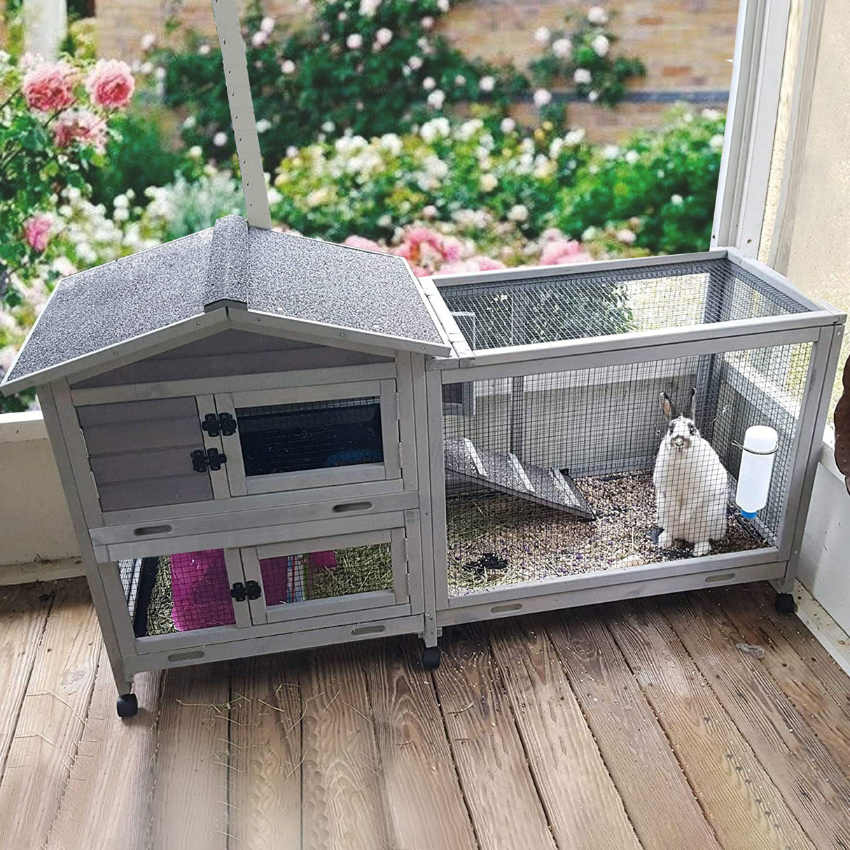 Rabbit Hutch Outdoor Indoor Rabbit Cage Chikcen Coop with Casters Guinea Pig Cage