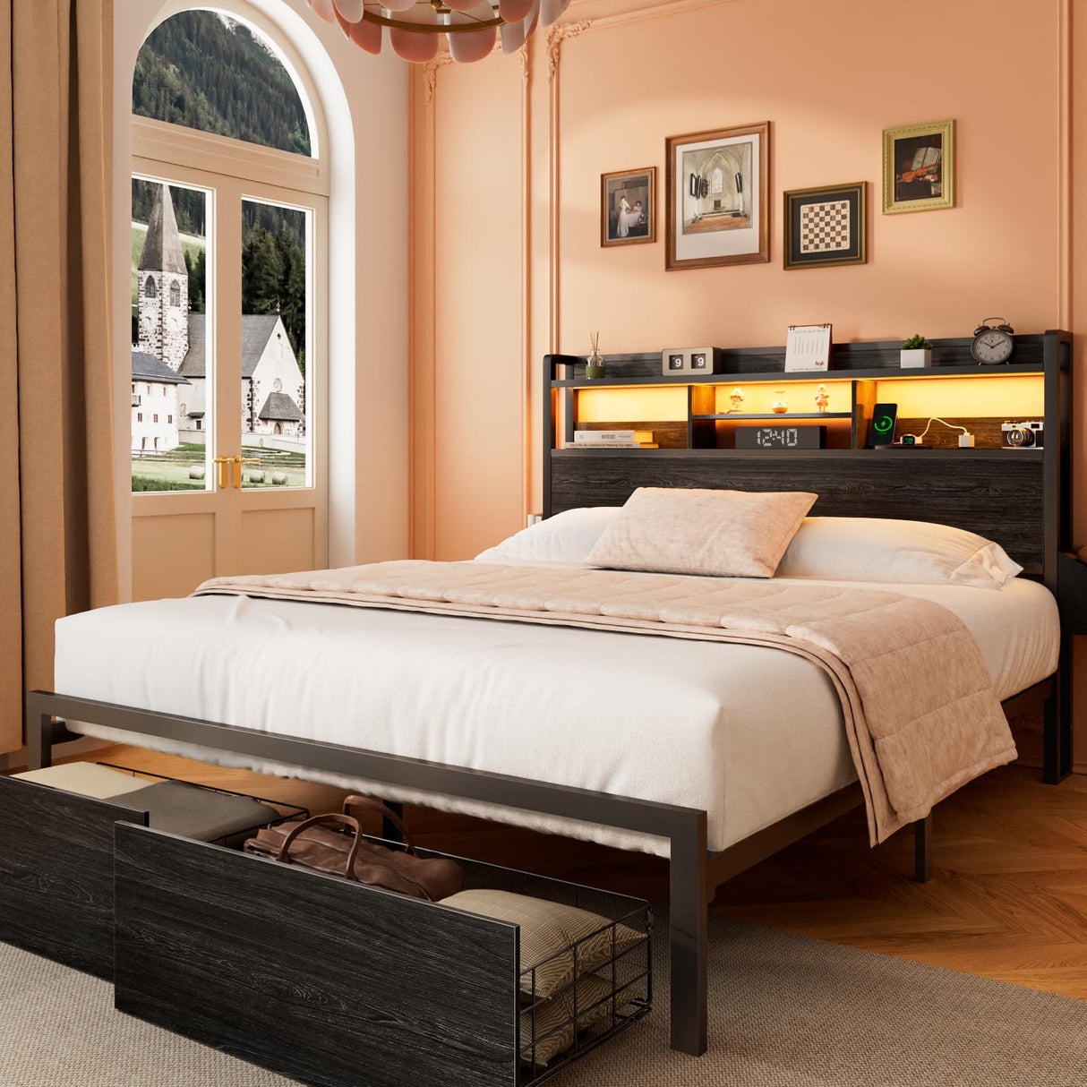 Queen Bed Frame with Wood Headboard and Storage Shelf, Metal Platform Bed Frame