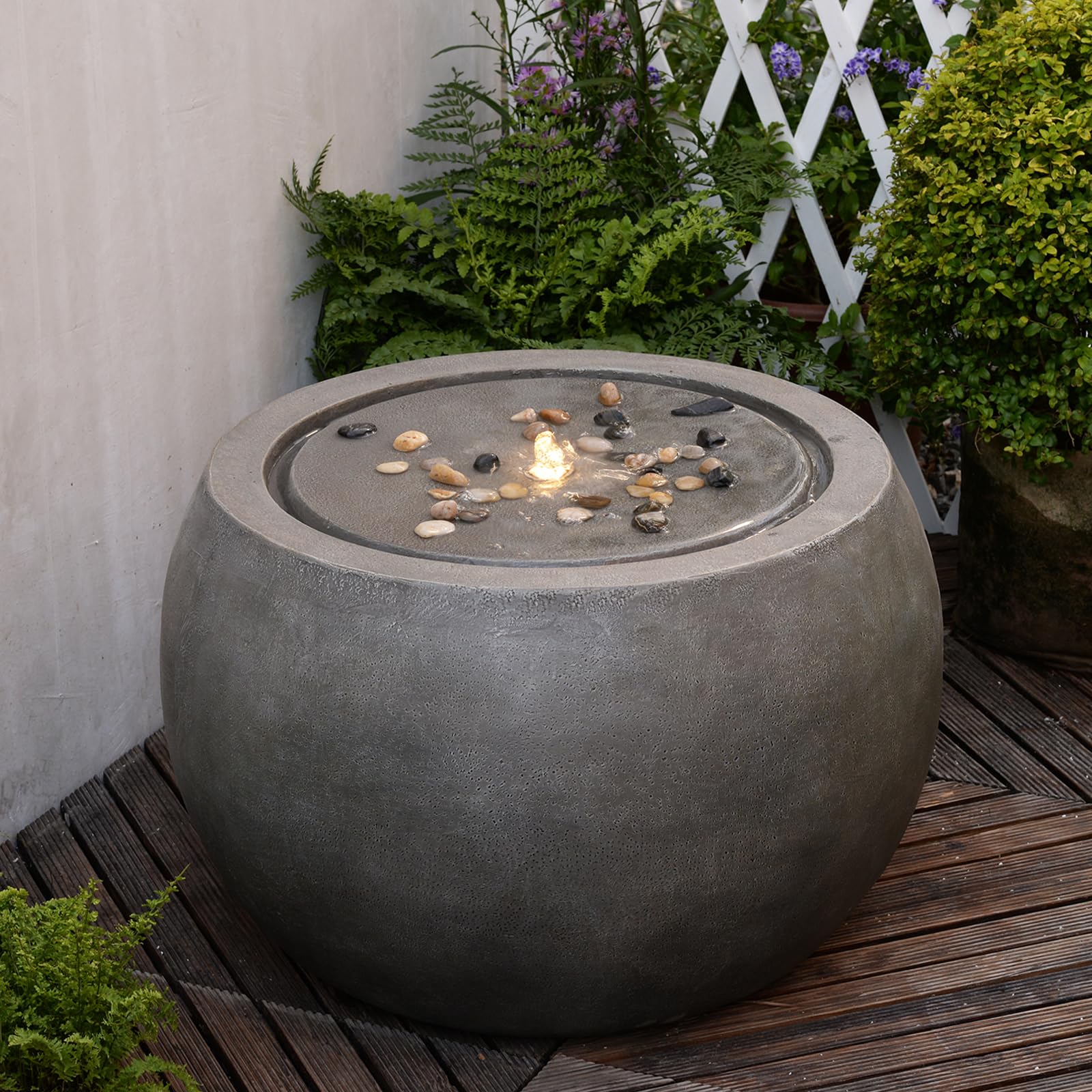 Water Fountain Outdoor Large Round Water Feature Indoor with Lights & Pump and Pebbles