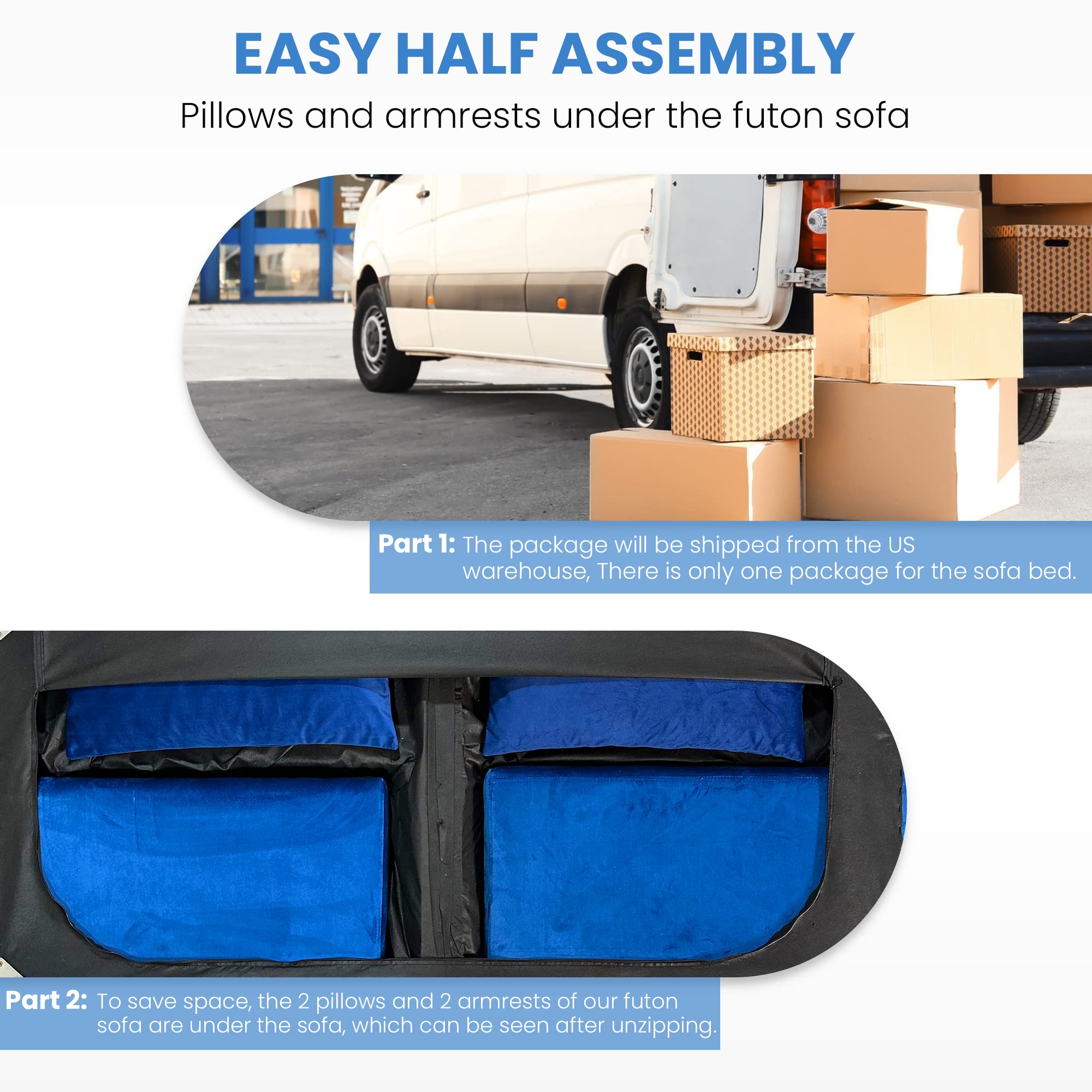 Blue Futon Sofa Bed, Velvet Convertible Sofa Couch Sleeper with Wood Legs & 2 Pillows